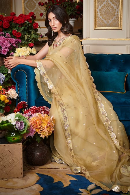 Shop_Sahil Kochhar_Green Raw Silk, Organza 35gm Floral V Neck Embroidered Saree With Blouse _at_Aza_Fashions