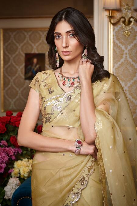 Shop_Sahil Kochhar_Green Raw Silk, Organza 35gm Floral V Neck Embroidered Saree With Blouse _Online_at_Aza_Fashions