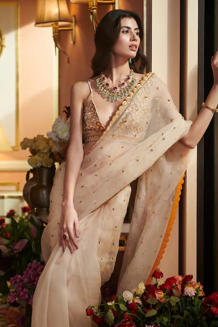 Buy_Sahil Kochhar_Beige Silk, Organza 35gm Floral V Neck Embroidered Saree With Blouse _Online_at_Aza_Fashions