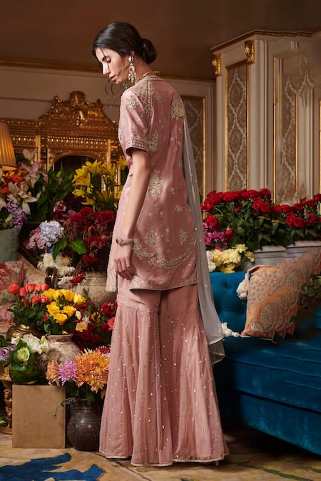 Shop Sahil Kochhar Pink Dupion Silk, Organza 35gm, Soft Net Floral Round Embroidered Kurta Set at Aza Fashions Shop_Sahil Kochhar_Pink Dupion Silk, Organza 35gm, Soft Net Floral Round Embroidered Kurta Set _at_Aza_Fashions
