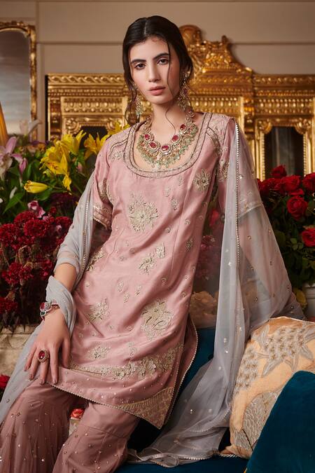 Sahil Kochhar Pink Dupion Silk, Organza 35gm, Soft Net Floral Round Embroidered Kurta Set Online at Aza Fashions Sahil Kochhar_Pink Dupion Silk, Organza 35gm, Soft Net Floral Round Embroidered Kurta Set _Online_at_Aza_Fashions