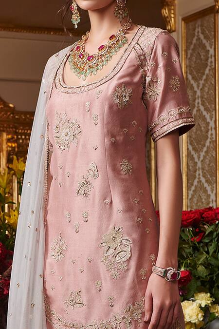 Buy Sahil Kochhar Pink Dupion Silk, Organza 35gm, Soft Net Floral Round Embroidered Kurta Set Online at Aza Fashions Buy_Sahil Kochhar_Pink Dupion Silk, Organza 35gm, Soft Net Floral Round Embroidered Kurta Set _Online_at_Aza_Fashions