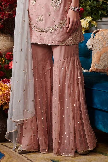 Shop Sahil Kochhar Pink Dupion Silk, Organza 35gm, Soft Net Floral Round Embroidered Kurta Set Online at Aza Fashions Shop_Sahil Kochhar_Pink Dupion Silk, Organza 35gm, Soft Net Floral Round Embroidered Kurta Set _Online_at_Aza_Fashions