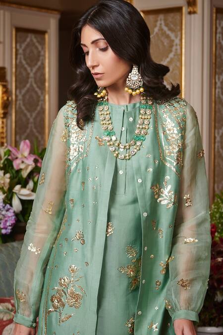 Sahil Kochhar_Blue Chanderi, Linen, Organza 35gm Floral Round Embroidered Jacket And Kurta Set_Online_at_Aza_Fashions