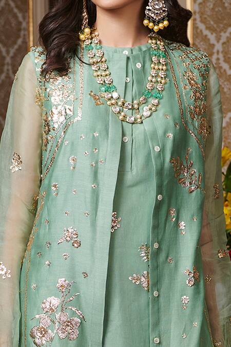 Buy_Sahil Kochhar_Blue Chanderi, Linen, Organza 35gm Floral Round Embroidered Jacket And Kurta Set_Online_at_Aza_Fashions