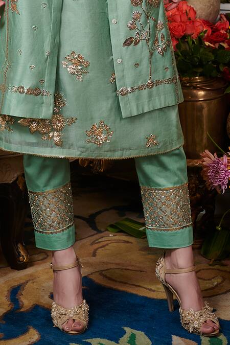 Shop_Sahil Kochhar_Blue Chanderi, Linen, Organza 35gm Floral Round Embroidered Jacket And Kurta Set_Online_at_Aza_Fashions