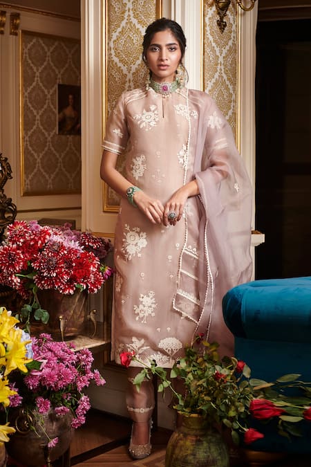 Sahil Kochhar Pink Organza 35gm, Soft Net, Suede, Viscose Linen Floral Embroidered Kurta Set 