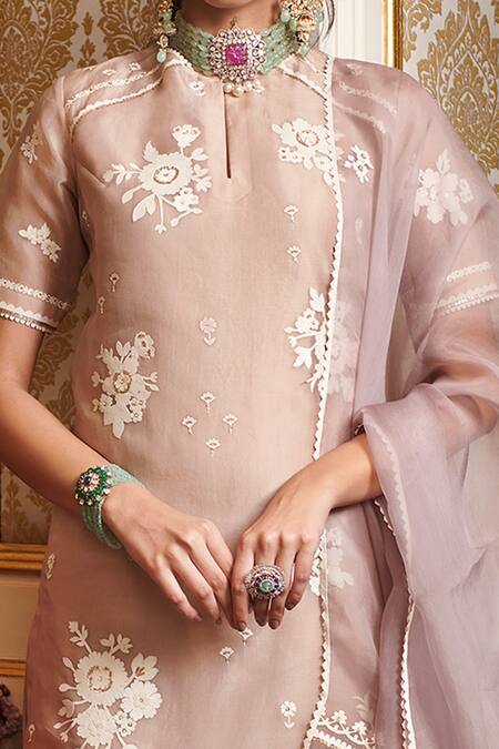 Sahil Kochhar_Pink Organza 35gm, Soft Net, Suede, Viscose Linen Floral Embroidered Kurta Set _Online_at_Aza_Fashions