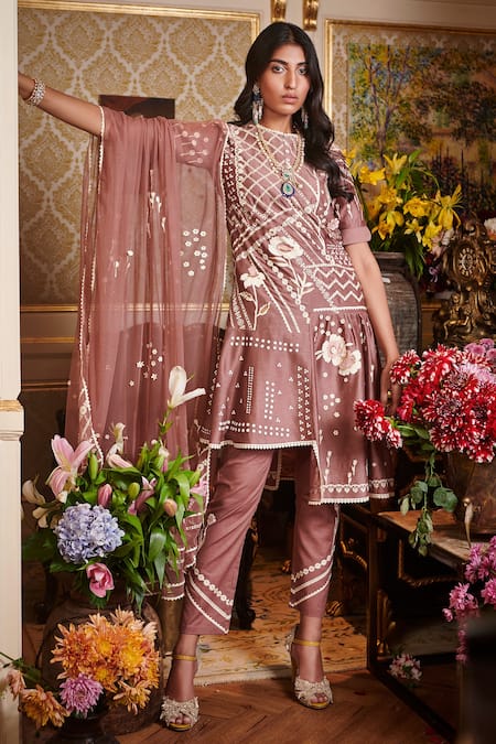 Sahil Kochhar Pink Chanderi, Soft Net, Suede Floral Round Embroidered Asymmetric Kurta Set