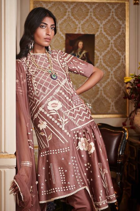 Sahil Kochhar_Pink Chanderi, Soft Net, Suede Floral Round Embroidered Asymmetric Kurta Set _Online_at_Aza_Fashions