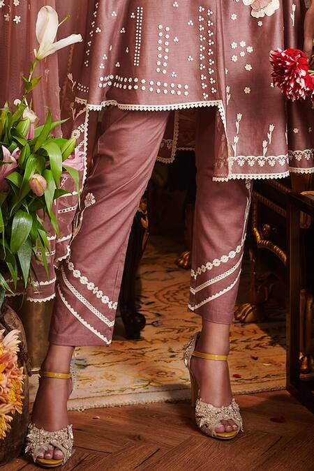 Buy_Sahil Kochhar_Pink Chanderi, Soft Net, Suede Floral Round Embroidered Asymmetric Kurta Set _Online_at_Aza_Fashions