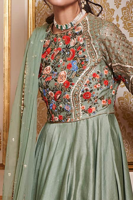 Sahil Kochhar_Green Chanderi, Lurex, Organza 26gm, Soft Net Floral Embroidered Anarkali Set_Online_at_Aza_Fashions