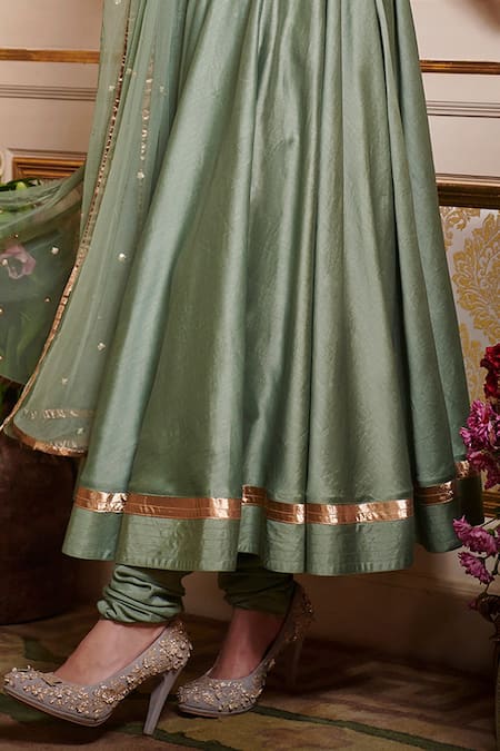 Buy_Sahil Kochhar_Green Chanderi, Lurex, Organza 26gm, Soft Net Floral Embroidered Anarkali Set_Online_at_Aza_Fashions