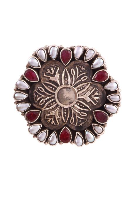 Noor_Silver Plated Pearls Handcrafted Oxidized Floral Ring_Online_at_Aza_Fashions