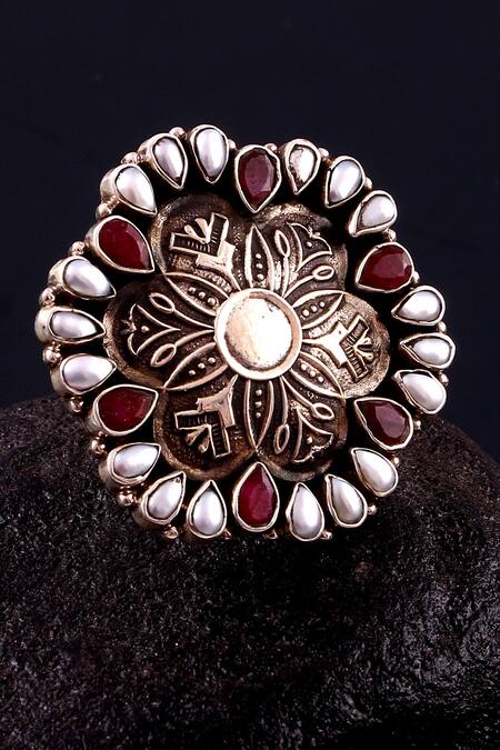 Buy_Noor_Silver Plated Pearls Handcrafted Oxidized Floral Ring_Online_at_Aza_Fashions
