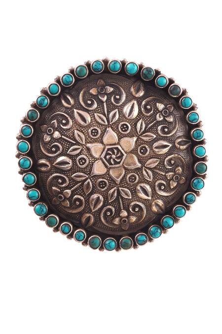 Noor_Silver Plated Pearls Handcrafted Oxidized Floral Ring_Online_at_Aza_Fashions