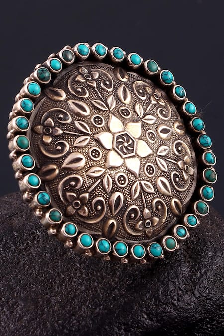 Buy_Noor_Silver Plated Pearls Handcrafted Oxidized Floral Ring_Online_at_Aza_Fashions