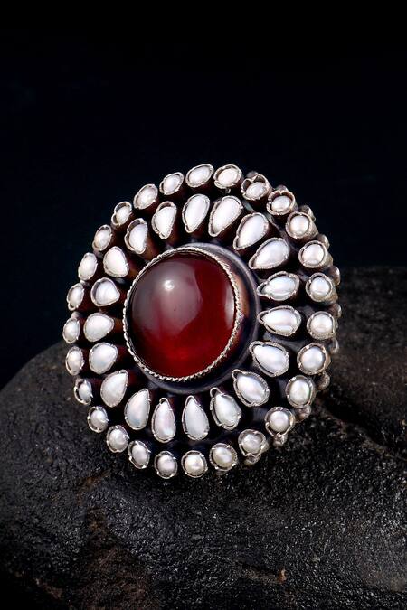 Buy_Noor_Silver Plated Pearls, Gota Patti Handcrafted Embellished Ring_Online_at_Aza_Fashions