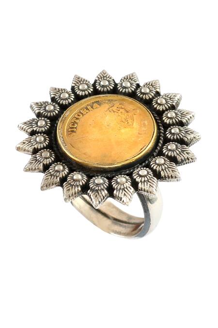 Noor_Gold Plated Floral Motif Coin Ring_Online_at_Aza_Fashions