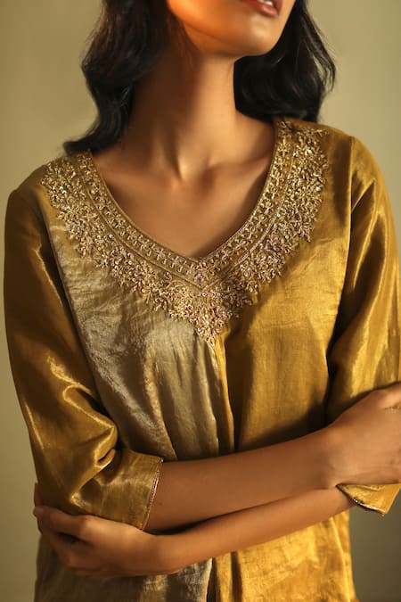 Shop_Shorshe Clothing_Gold Handloom Tissue V Neck Kurta And Salwar Set _Online_at_Aza_Fashions