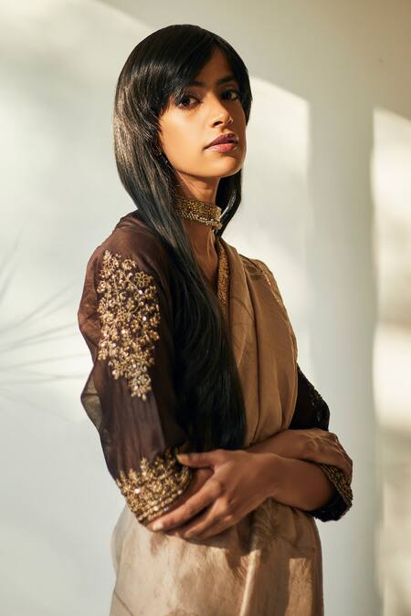Shorshe Clothing_Brown Chanderi V Neck Blouse _Online_at_Aza_Fashions