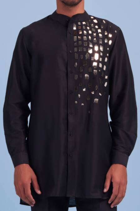 Diyarajvvir_Black Cotton Silk Acrylic And Thread Mix Embroidered Kurta _Online_at_Aza_Fashions