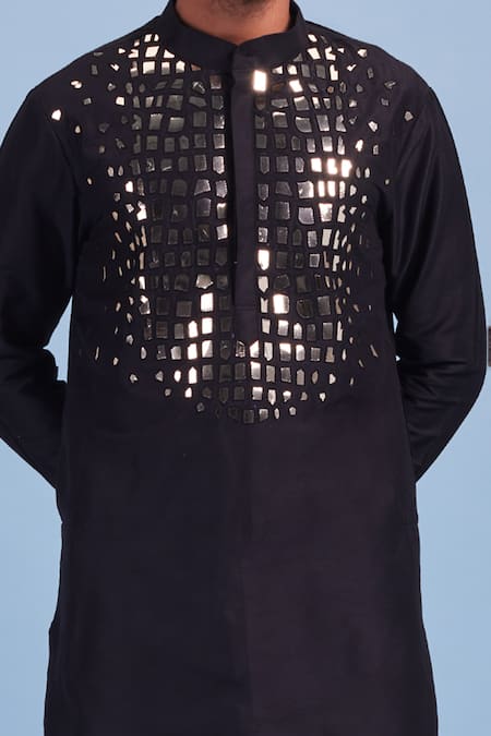 Diyarajvvir_Black Cotton Silk Acrylic And Thread Mix Embroidered Kurta Set _Online_at_Aza_Fashions