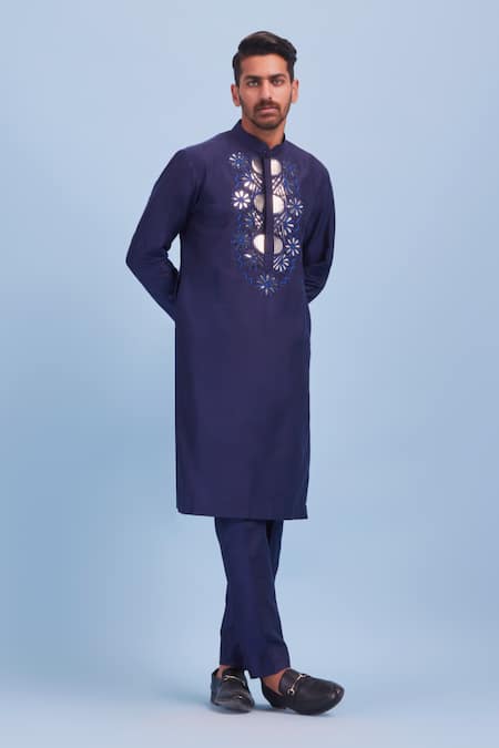 DiyaRajvvir Blue Cotton Silk Embroidered Acrylic And Thread Mix Kurta