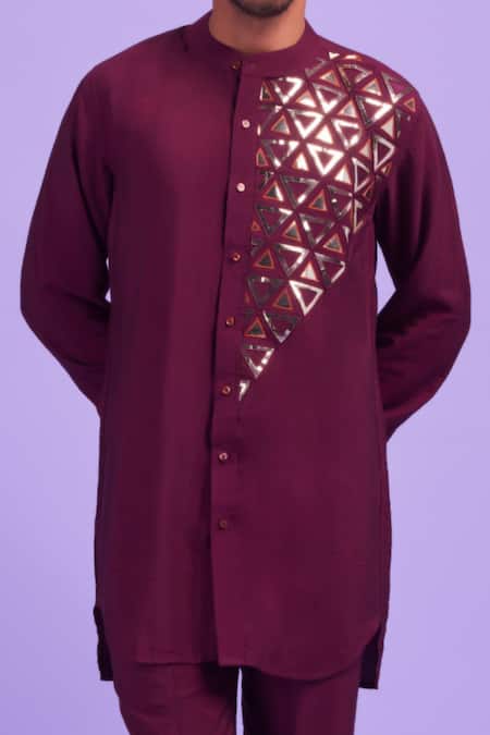 Shop_Diyarajvvir_Wine Cotton Silk Acrylic And Thread Mix Embroidered Kurta _at_Aza_Fashions