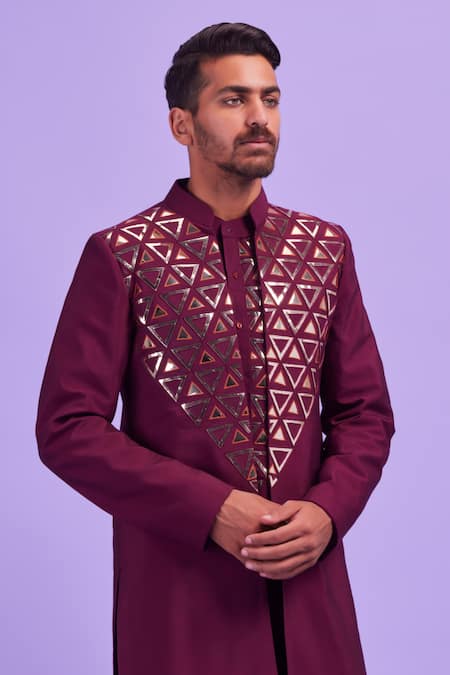 Diyarajvvir_Wine Cotton Silk Acrylic And Thread Mix Embroidered Jacket & Kurta Set _Online_at_Aza_Fashions
