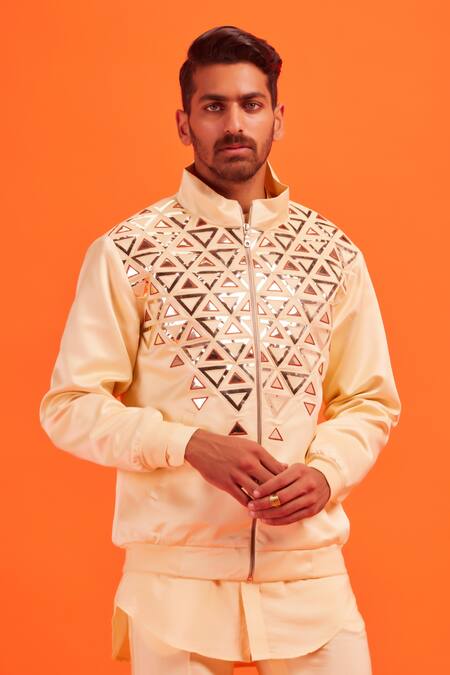 Diyarajvvir_Yellow Cotton Silk, Dutch Satin Acrylic And Embroidered Bomber Jacket & Pant Set _Online_at_Aza_Fashions