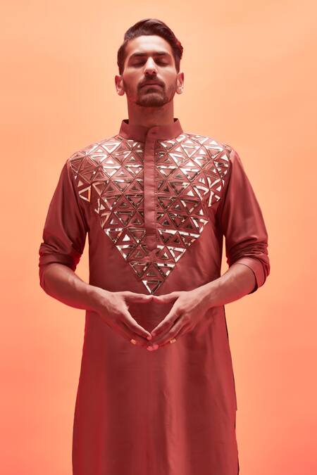 Buy Pink Kurta Raw Silk Embroidered Thread Floral With Bell Bottom Pant For  Men by Amrit Dawani Online at Aza Fashions.