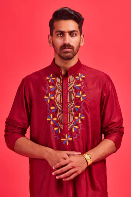 Diyarajvvir_Maroon Cotton Silk Acrylic And Thread Mix Embroidered Kurta _Online_at_Aza_Fashions