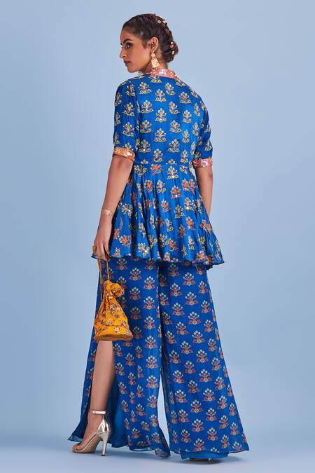 Shop_Diyarajvvir_Blue Bottom Georgette, Lining Shantoon, Top Modal Printed Peplum And Pant Set _at_Aza_Fashions