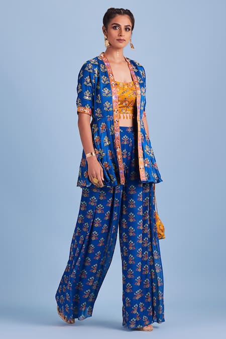 Diyarajvvir_Blue Bottom Georgette, Lining Shantoon, Top Modal Printed Peplum And Pant Set _Online_at_Aza_Fashions