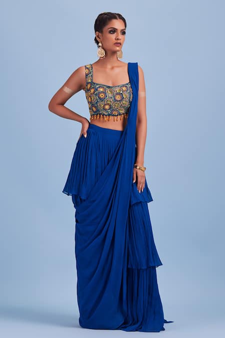 Diyarajvvir_Blue Bottom Georgette, Lining Shantoon, Top Pre-draped Saree With Blouse _Online_at_Aza_Fashions