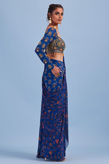 Diyarajvvir Blue Tulle, Cotton Silk, Bottom Printed Gharara Pant Saree With Blouse Online at Aza Fashions Diyarajvvir_Blue Tulle, Cotton Silk, Bottom Printed Gharara Pant Saree With Blouse _Online_at_Aza_Fashions