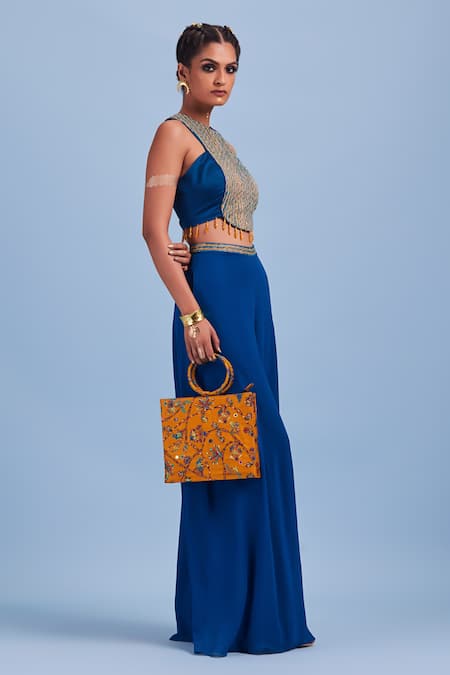 Diyarajvvir_Blue Cotton Silk, Bottom Georgette, Lining Embroidered Crop And Pant Set _Online_at_Aza_Fashions