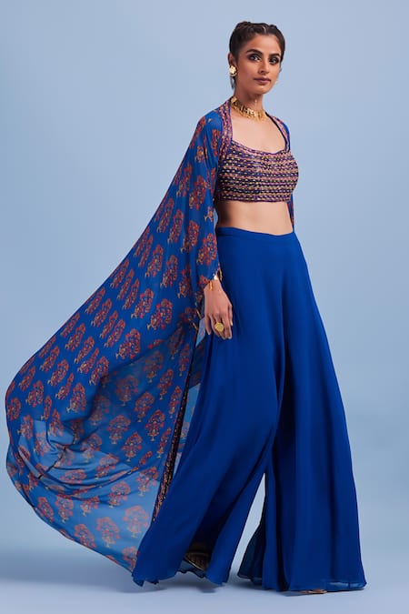 Diyarajvvir_Blue Cotton Silk, Bottom Georgette, Lining Shantoon, Top Printed And Pant Set _Online_at_Aza_Fashions