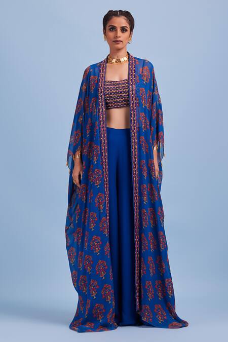 Buy_Diyarajvvir_Blue Cotton Silk, Bottom Georgette, Lining Shantoon, Top Printed And Pant Set _Online_at_Aza_Fashions