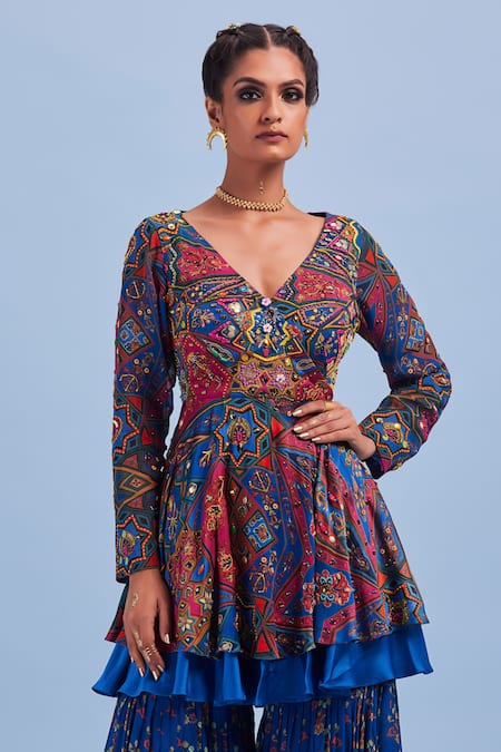 Diyarajvvir_Blue Tulle, Bottom Georgette, Lining Printed Peplum Kurta And Gharara Set _Online_at_Aza_Fashions