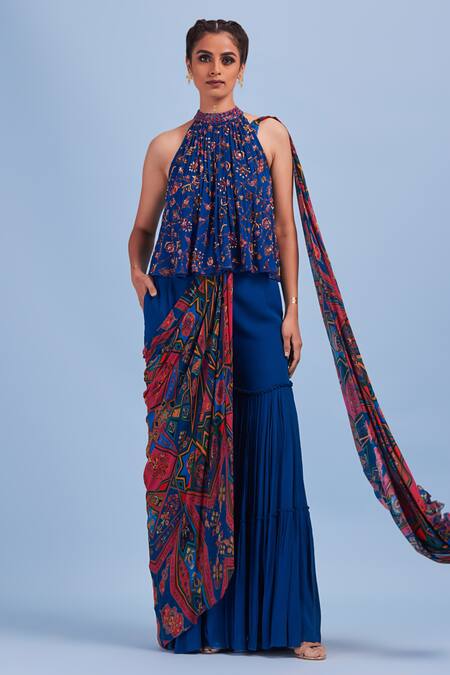 Diyarajvvir Blue Georgette, Lining Shantoon Cutdana, Floral, Gharara Pant Saree With Top 