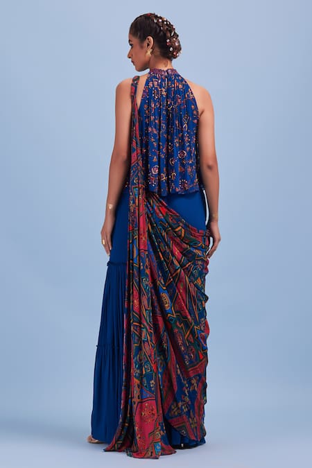 Shop Diyarajvvir Blue Georgette, Lining Shantoon Cutdana, Floral, Gharara Pant Saree With Top at Aza Fashions Shop_Diyarajvvir_Blue Georgette, Lining Shantoon Cutdana, Floral, Gharara Pant Saree With Top _at_Aza_Fashions