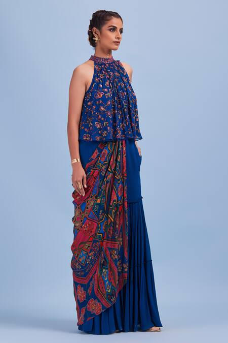 Diyarajvvir Blue Georgette, Lining Shantoon Cutdana, Floral, Gharara Pant Saree With Top Online at Aza Fashions Diyarajvvir_Blue Georgette, Lining Shantoon Cutdana, Floral, Gharara Pant Saree With Top _Online_at_Aza_Fashions