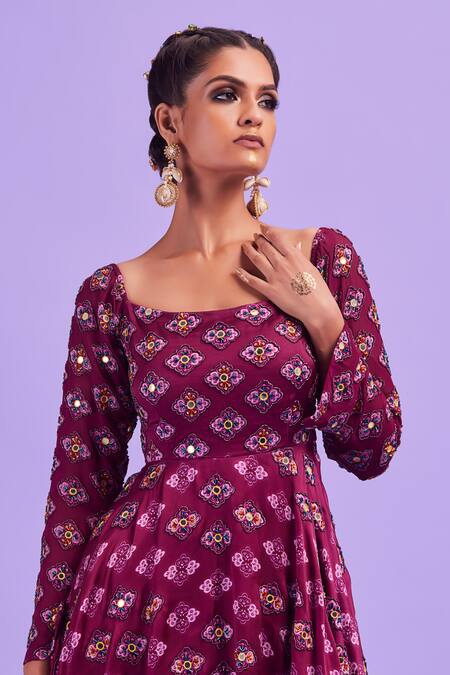 Diyarajvvir_Purple Tulle, Bottom Georgette, Lining Printed Peplum Kurta And Pant Set _Online_at_Aza_Fashions