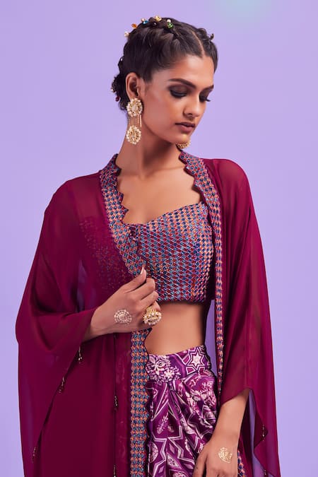 Diyarajvvir_Purple Bottom Georgette, Lining Shantoon, Top Printed Dhoti Skirt Set With _Online_at_Aza_Fashions