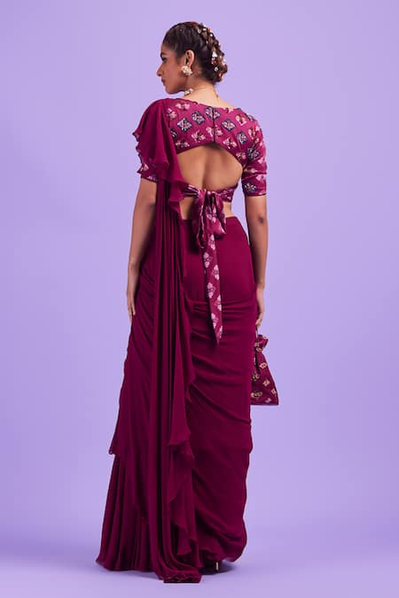 Shop Diyarajvvir Purple Bottom Georgette, Lining Shantoon, Ruffle Pre-draped Saree With Blouse at Aza Fashions Shop_Diyarajvvir_Purple Bottom Georgette, Lining Shantoon, Ruffle Pre-draped Saree With Blouse _at_Aza_Fashions