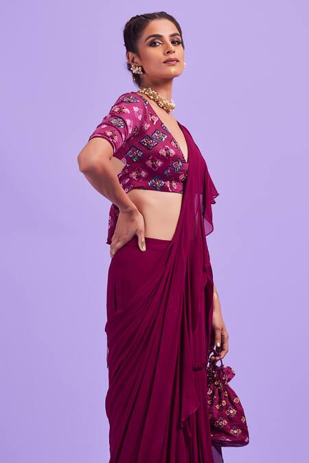Diyarajvvir Purple Bottom Georgette, Lining Shantoon, Ruffle Pre-draped Saree With Blouse Online at Aza Fashions Diyarajvvir_Purple Bottom Georgette, Lining Shantoon, Ruffle Pre-draped Saree With Blouse _Online_at_Aza_Fashions