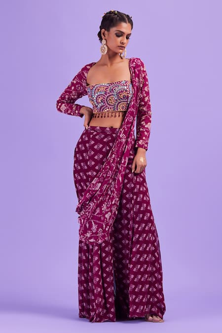 Bias Top And High Low Jacket With Panelled Sharara Pants