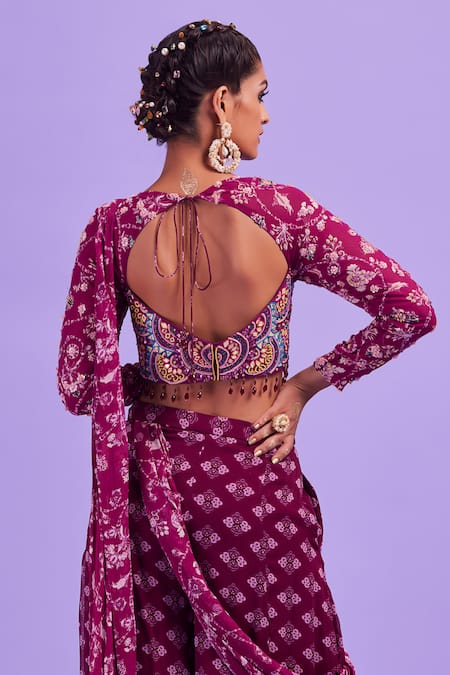 Shop_Diyarajvvir_Purple Tulle, Bottom Georgette, Lining Sharara Pant Saree With Blouse _at_Aza_Fashions